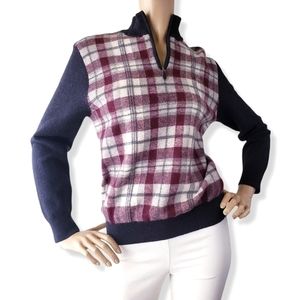 Rogatis Navy & Burgundy Plaid Quarter Zip Mock Collar Wool Sweater